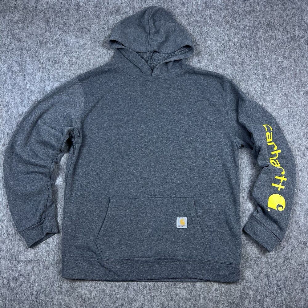 Carhartt Men's Hoodie Sweatshirt Gray Fleece Pullover Yellow Sleeve Logo Size XL